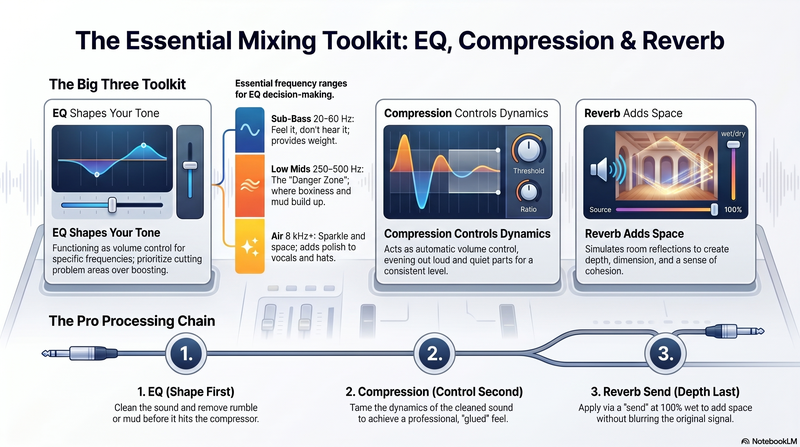 The Essential Mixing Toolkit — EQ, Compression & Reverb infographic