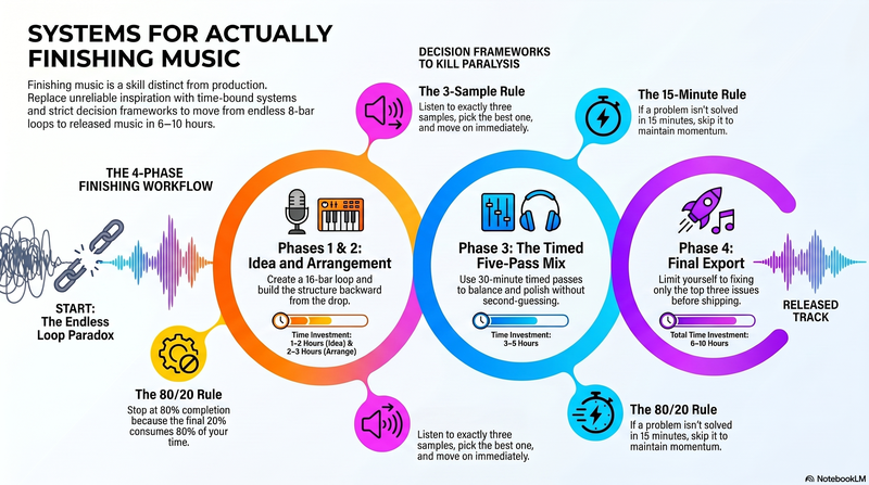 Systems Over Willpower — The 4-Phase Music Finishing Workflow infographic