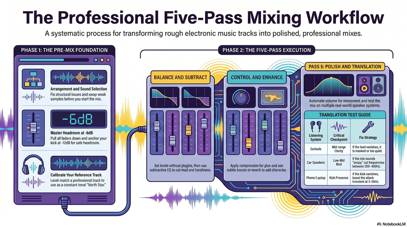 The Professional Five-Pass Mixing Workflow infographic