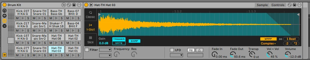 The exported drum rack loaded on a track in Ableton Live: sixteen pads filled with kicks, snares, hats and bass hits.