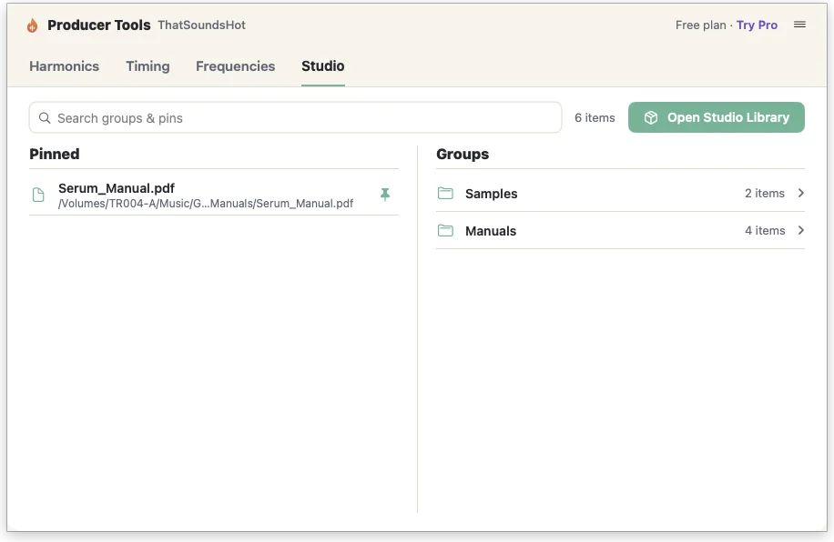 Quick Reference Studio tab: pinned manuals and sample folders from the Studio Library, with search.
