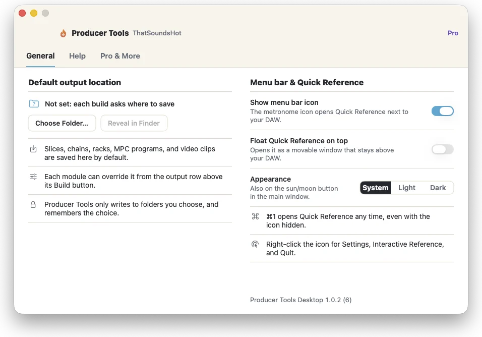 Producer Tools settings: show menu bar icon, float Quick Reference on top, and System, Light or Dark appearance.